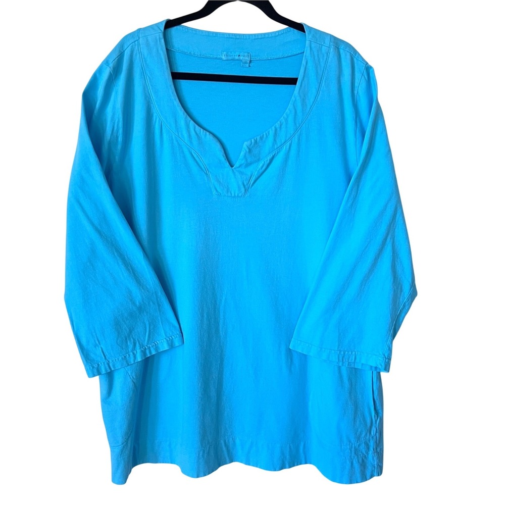 Fresh Produce Turquoise Cotton 3/4 Sleeve Tunic Top Plus 3X Made in USA Pockets